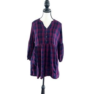 Blue & Pink Plaid Half Button-Down Flare Tunic Top W/ Pockets Flowy Size Medium